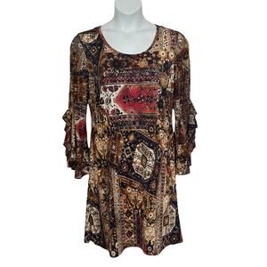 Women's size lg bell sleeve brown and blue multi colored A-line dress